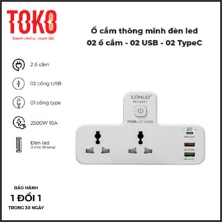Ổ cắm điện thông minh kết hợp đèn led 02 ổ cắm 02 cổng USB 01 cổng Type C công suất 2500W