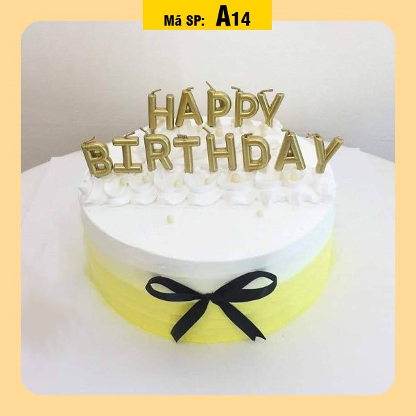 Bánh kem sinh nhật đơn giản A14 màu trắng vàng thắt nơ và cắm nến happy birthday màu vàng