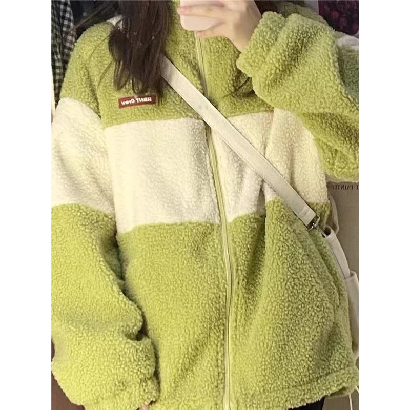 Áo Khoác Lông Cừu Giả Cổ Đứng Phối Màu Tương Phản Phối Khóa Kéo Kiểu Nhật Bản Thời Trang Thu Đông 2022 Cho Nữ