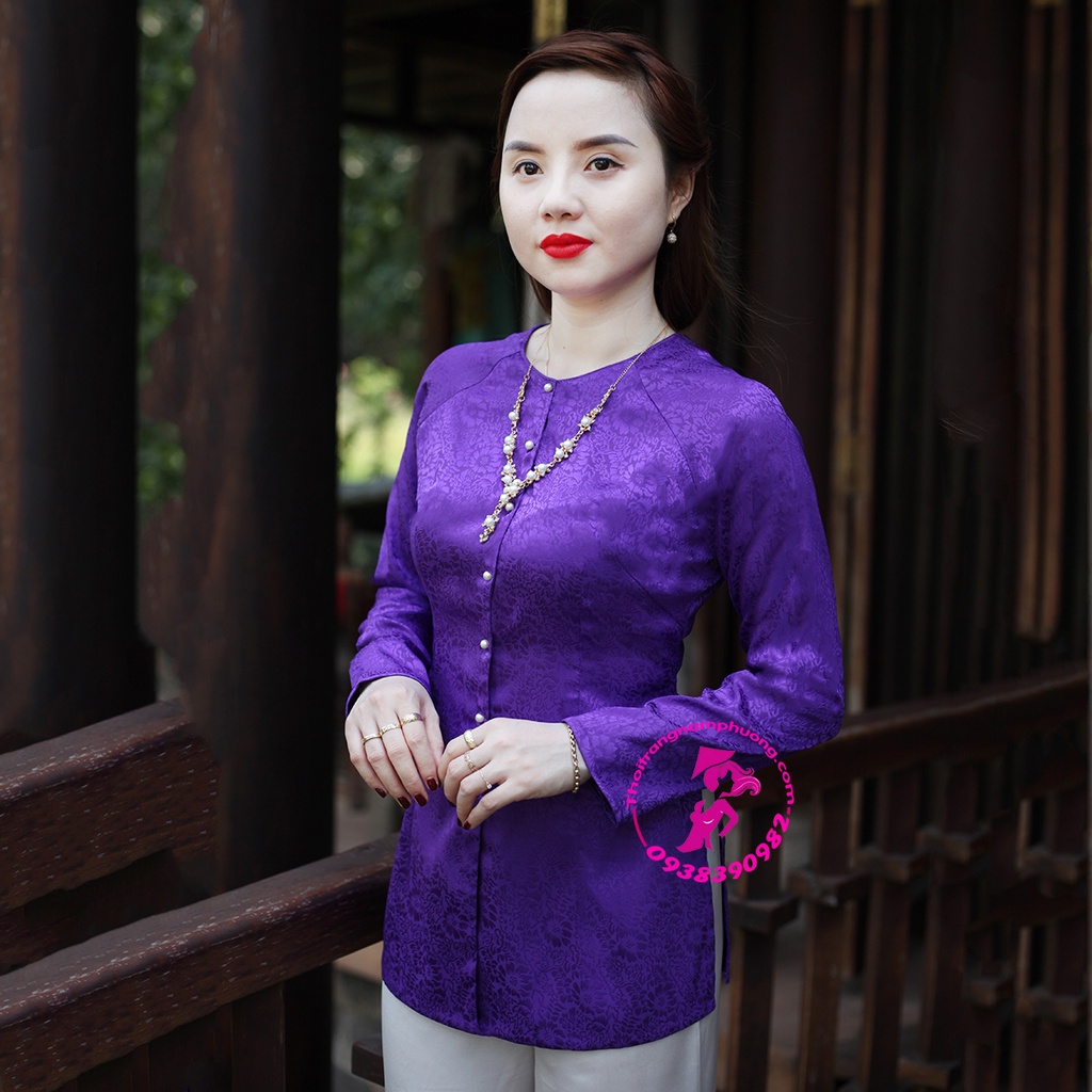 Áo bà ba nữ vải gấm lụa màu tím huế cổ tròn - Nam Phương