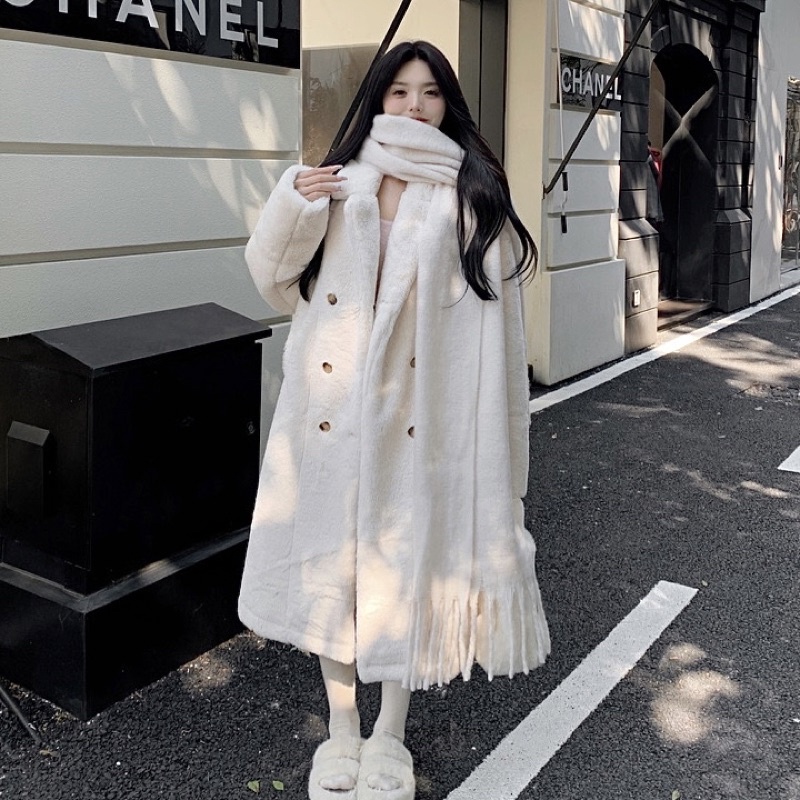 Áo khoác lông dáng dài YIMI màu hồng trắng