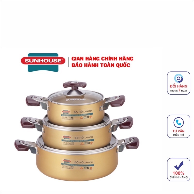 Bộ 3 Nồi Nhôm Anod Sunhouse SH6634 Hàng Chính Hãng, Chuyên Dùng Cho Bếp Ga và Bếp Hồng Ngoại