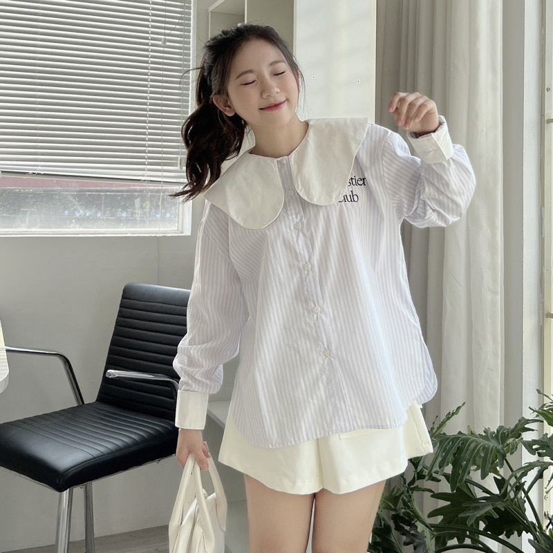 Áo Sơ Mi Sọc Xanh Tay Dài Cổ Cách Điệu - Thêu chữ Monstier