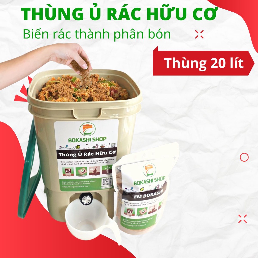 Thùng Ủ Rác Hữu Cơ Bokashi 20 Lít - Thùng Dày, Kín Mùi, Sạch Sẽ [Tặng phụ kiện + 1kg Bokashi]