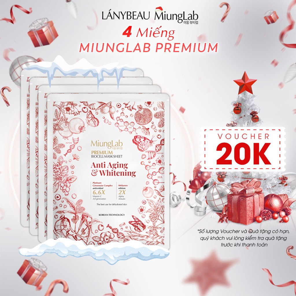 Combo 4 Mặt nạ chống lão hóa, dưỡng trắng da LÁNYBEAU MiungLab Premium Anti-Aging & Whitening Biocell Mask Sheet 4x25g