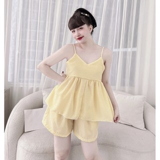 Bộ lụa mặc nhà sọc nơ xinh kiểu dáng babydoll dễ thương