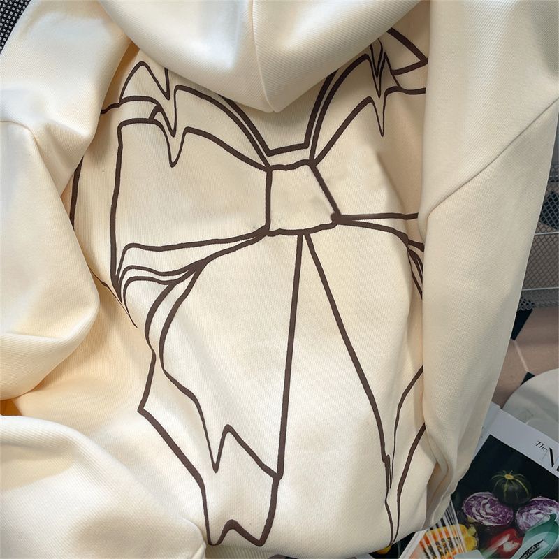 Áo Khoác Cardigan Có Mũ Dáng Rộng Dày Dặn In Họa Tiết Nơ Cho Nữ