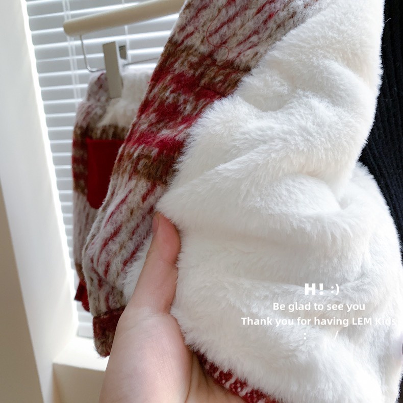 Bộ Kẻ Dạ Len Bé Gái Năm Mới Lót Thỏ Nhung Hàng QC