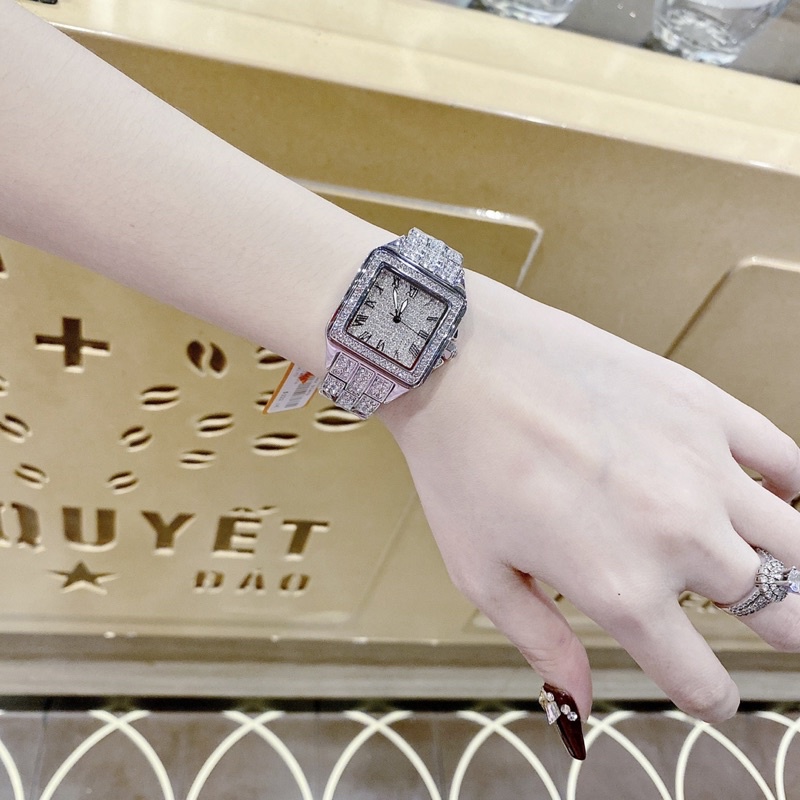 Đồng hồ nữ chính hãng Davena 61151 mặt vuông đính đá dây kim loại full đá siz 36mm