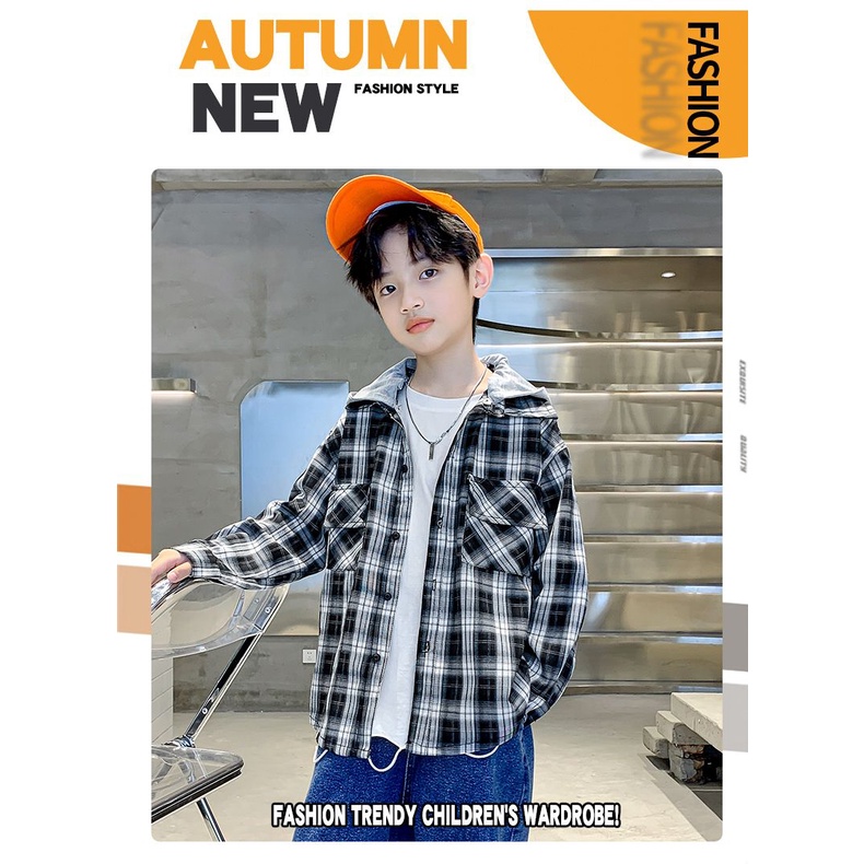Áo khoác sơ mi AMILA có mũ trùm đầu dáng rộng kẻ sọc caro thời trang mới cho bé trai