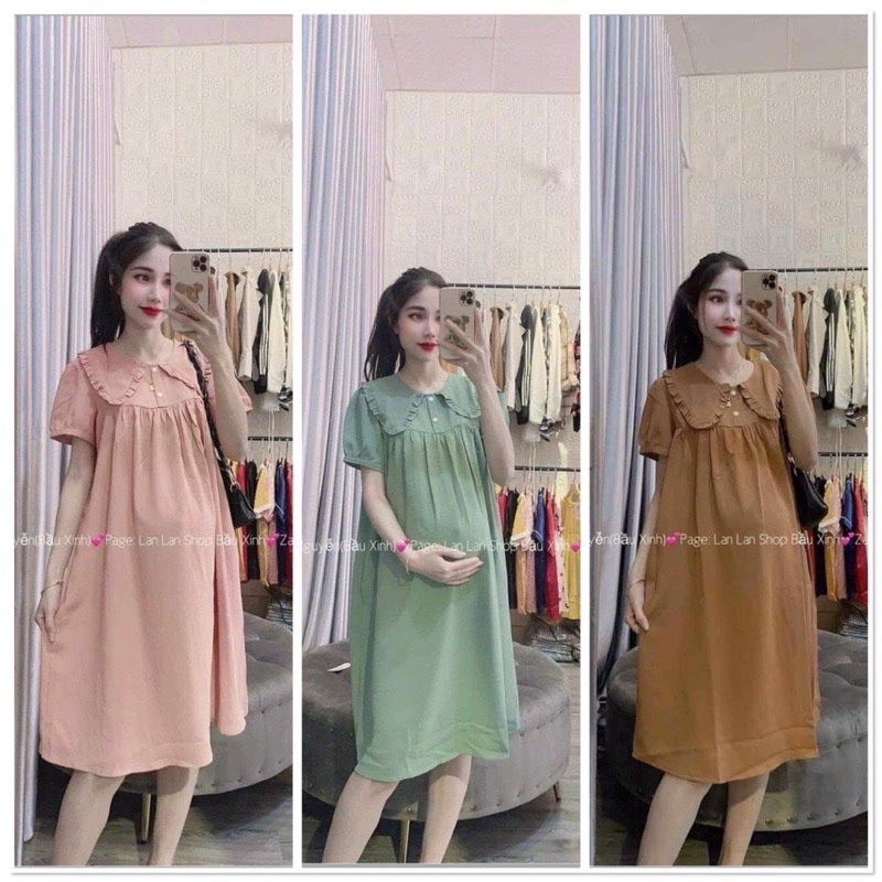 Váy Bầu cổ bèo -dáng xuông Chất đũi hàn -siêu mát ,thấm hút mồ hôiphù hợp mặc đi chơi ,đi làm freesize 43-68kg