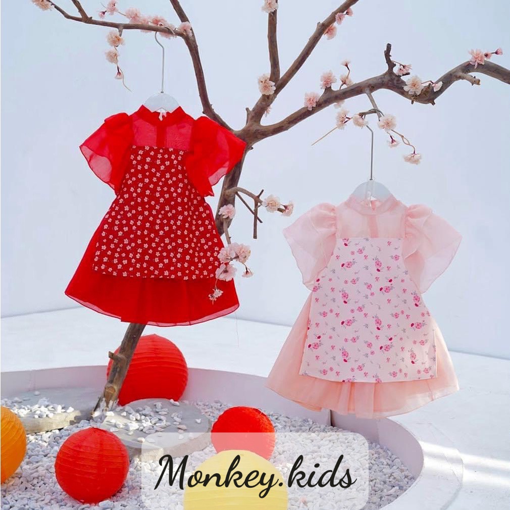 Áo dài cách tân bé gái hoa nhí tay bồng sét áo dài cho bé gái từ 2 đến 9 tuổi Monkey kids