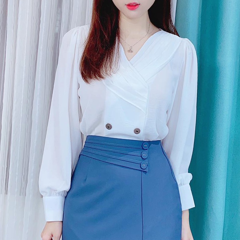 Áo sơ mi công sở nữ kiểu cổ xếp li chéo 4N CHUU A6984