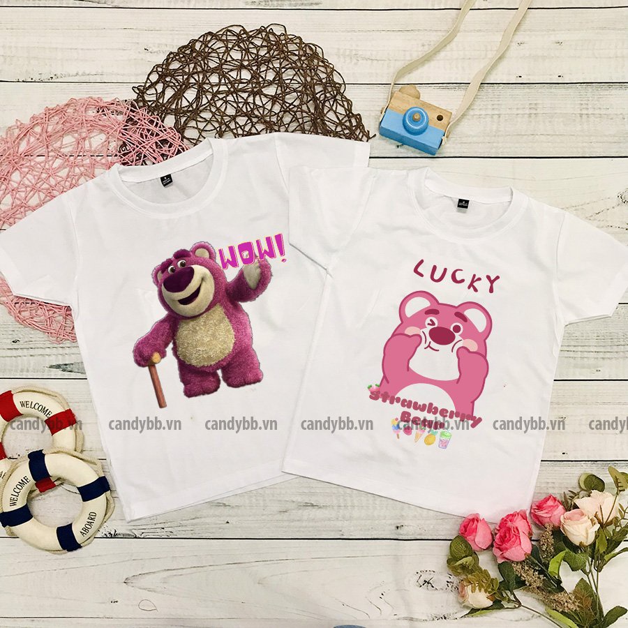 Áo thun trắng cho bé hình gấu bông dâu Lotso strawberry bear, áo phông bé trai bé gái cổ tròn mềm mịn size từ 10 - 65kg