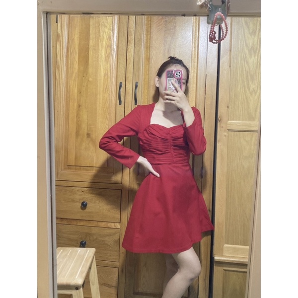 Đầm xoè dự tiệc xếp ly tay dài chất cotton thái TK1512