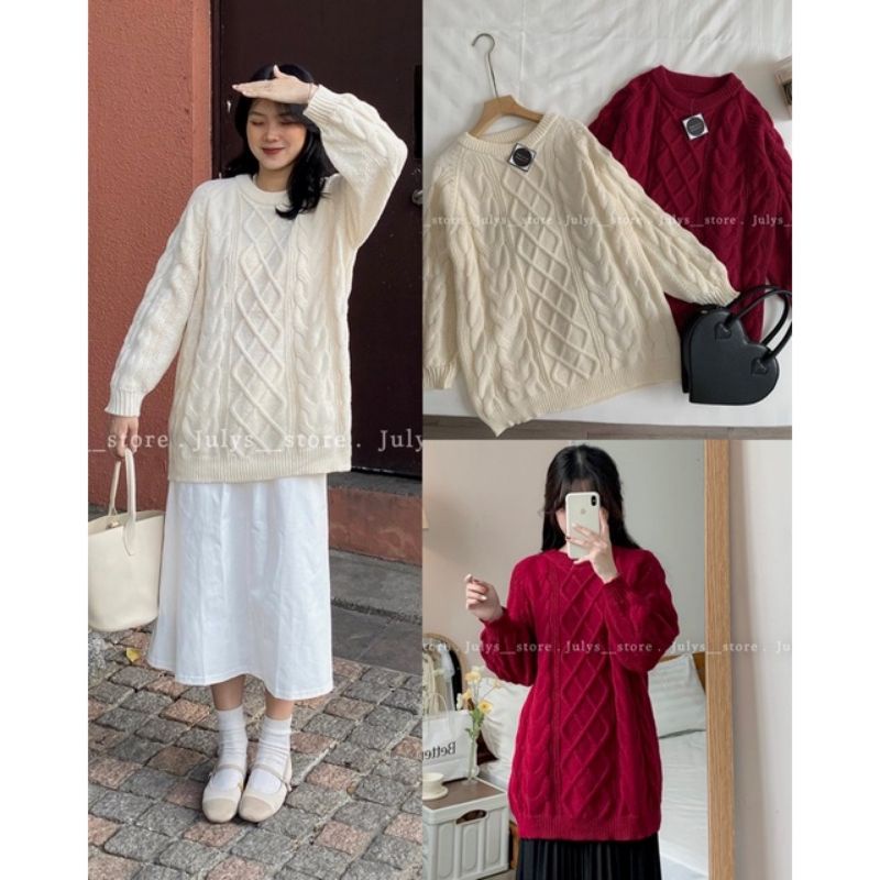 Áo len thừng cổ tròn họa tiết caro ô thoi form rộng oversize dày dặn QC cao cấp đi chơi Noel, Tết, lễ hội ulzzang 8837