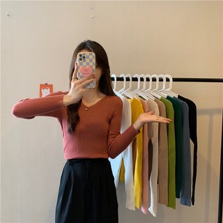 Áo len dệt kim cổ chữ v lót lông cừu mùa thu đông áo len mỏng trơn màu