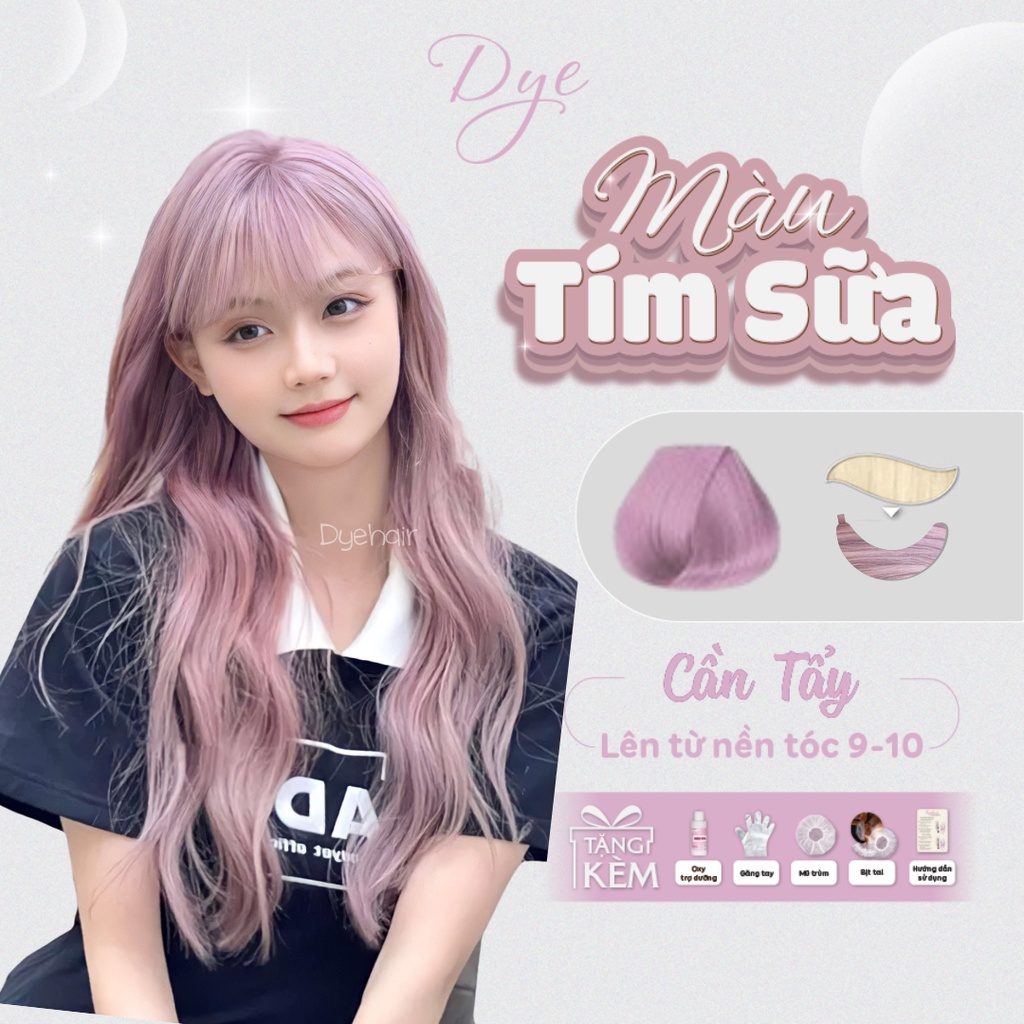 Thuốc nhuộm tóc, thuốc nhuộm tóc màu tím sữa DYE.HAIR, tặng kèm oxy trợ dưỡng và bao tay