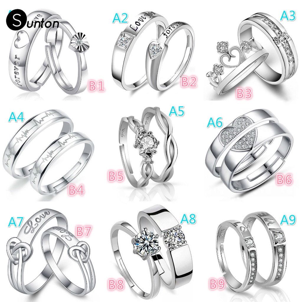 Bộ 2 Nhẫn Cưới Bạc 925 Đính Kim Cương Pha Lê Có Thể Điều Chỉnh Sunton JP5