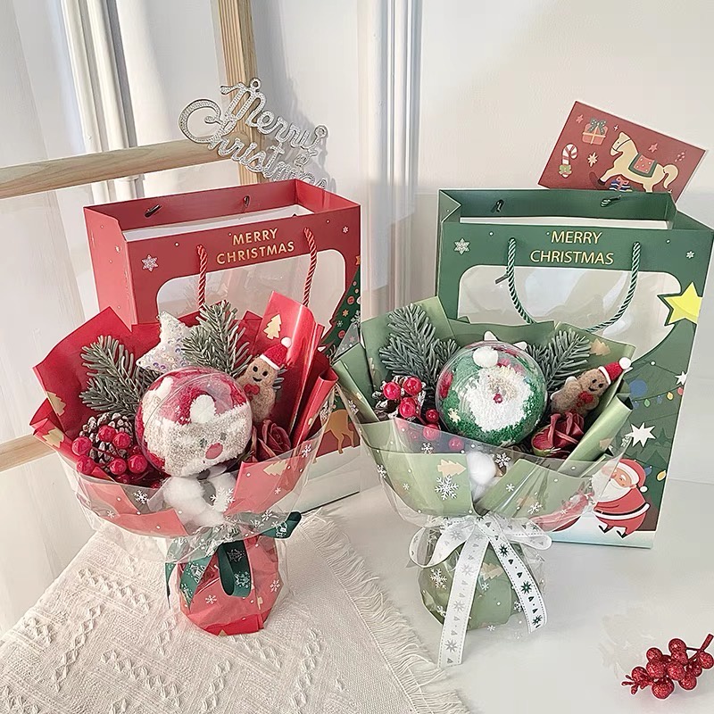 Bó hoa giáng sinh làm quà tặng noel sinh nhật, kèm túi giấy và đèn led