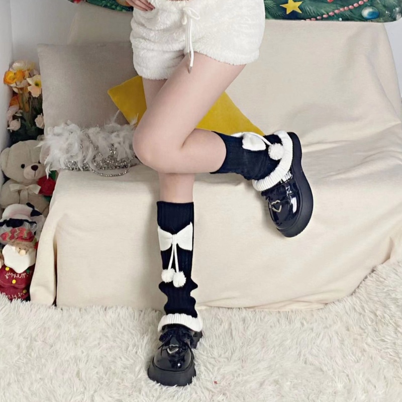 Vớ Dài Dệt Kim Giữ Ấm Chân Viền Bèo Đính Nơ Pompom Mừng Năm Mới Cho Nữ