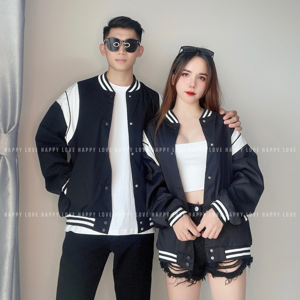 Áo Khoác Đôi Nam Nữ Couple Unisex Form Rộng Hàn Quốc Màu Đen Phối Sọc Viền Trắng QUẢNG CHÂU L1 HAPPYLOVE H43