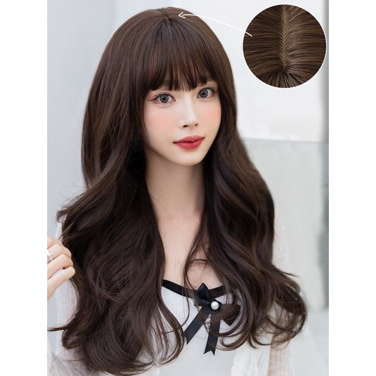 Tóc giả nguyên đầu xoăn sóng dài chất liệu sợi tơ cao cấp