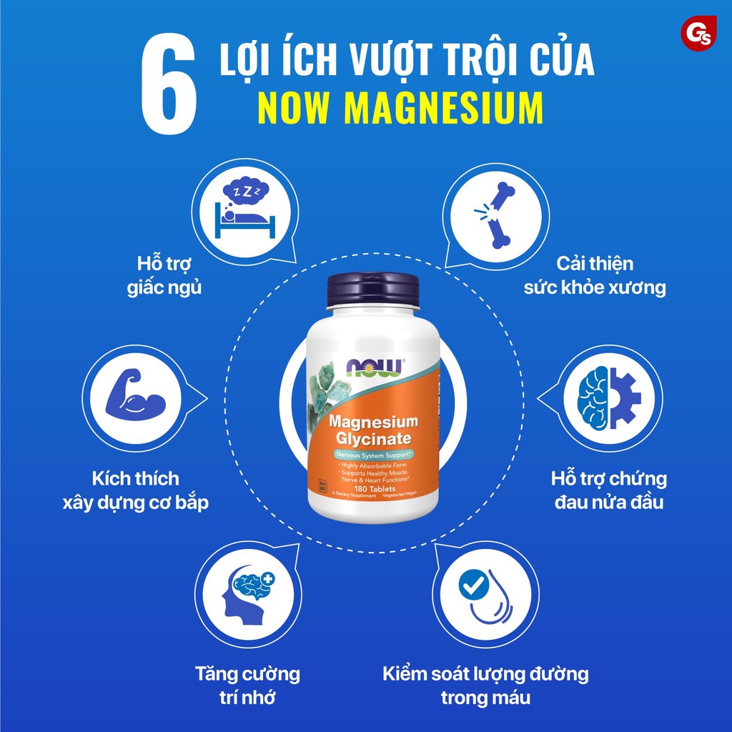 Viên uống NOW Magnesium Glycinate 200 mg with TRAACS, 180 Tablets nhập khẩu Mỹ