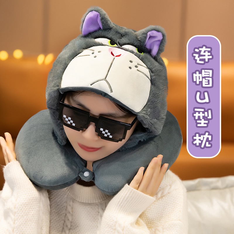 Gối Kê Cổ Chữ U Có Mũ Trùm Đầu Hình Mèo Lucifer Hoạt Hình Dễ Thương