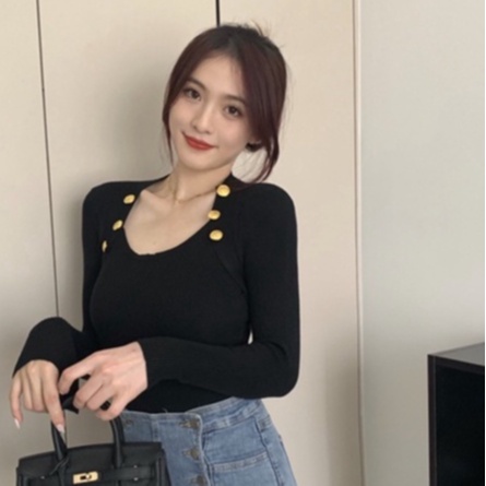 Áo len nữ dệt kim tay dài cổ vuông chất len tăm ôm body co giãn tốt đính cúc viền nổi bật tôn dáng phong cách Hàn Quốc