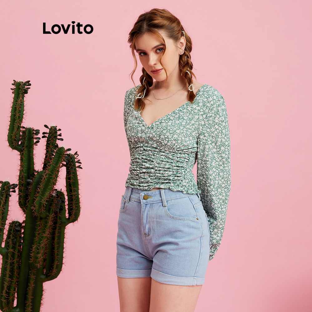 Áo kiểu Lovito cổ chữ V với đường may hình tổ ong in họa tiết hoa mặc thường ngày L10989 (Màu xanh lá)