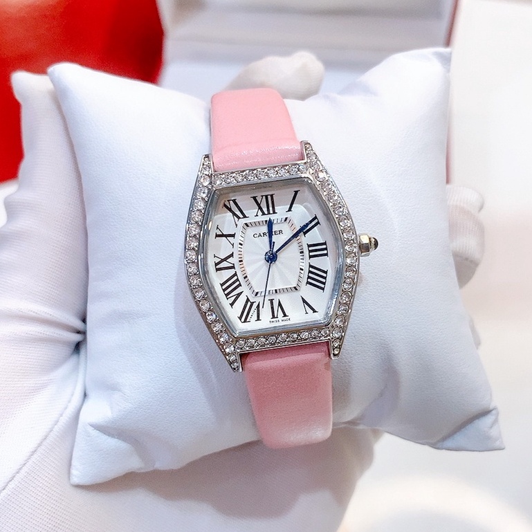 Đồng Hồ Nữ Cartier Viền Đính Đá Sang Trọng - Size 28mm, Dây Da, Máy Pin, Chống Nước Dành Cho Nữ Bảo Hành 3 Tháng