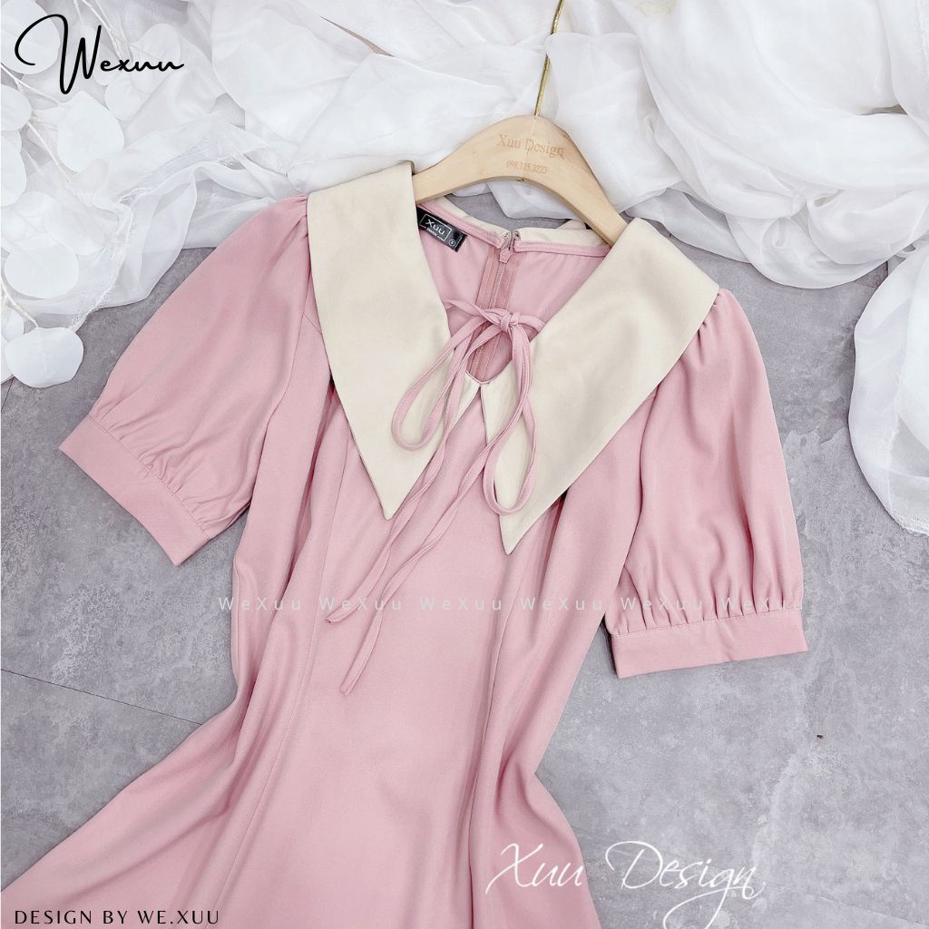 Đầm nữ cổ V thắt nơ dáng suông nhún tay tiểu thư thanh lịch WEXUU- V15