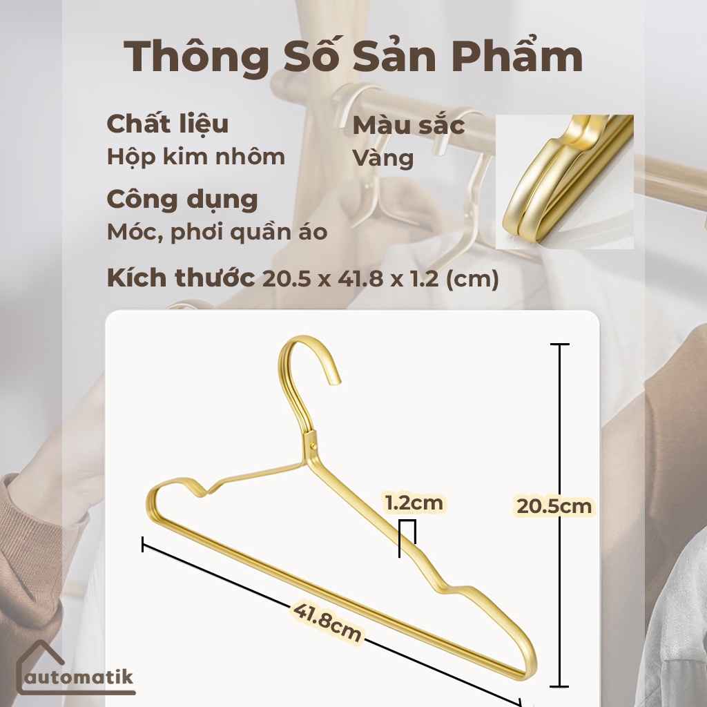 Móc Treo Quần Áo Phơi Đồ Mắc Quần Áo Kim Loại Nhôm Mạ Vàng Dày Không Gỉ Không Trầy Xước - Automatik