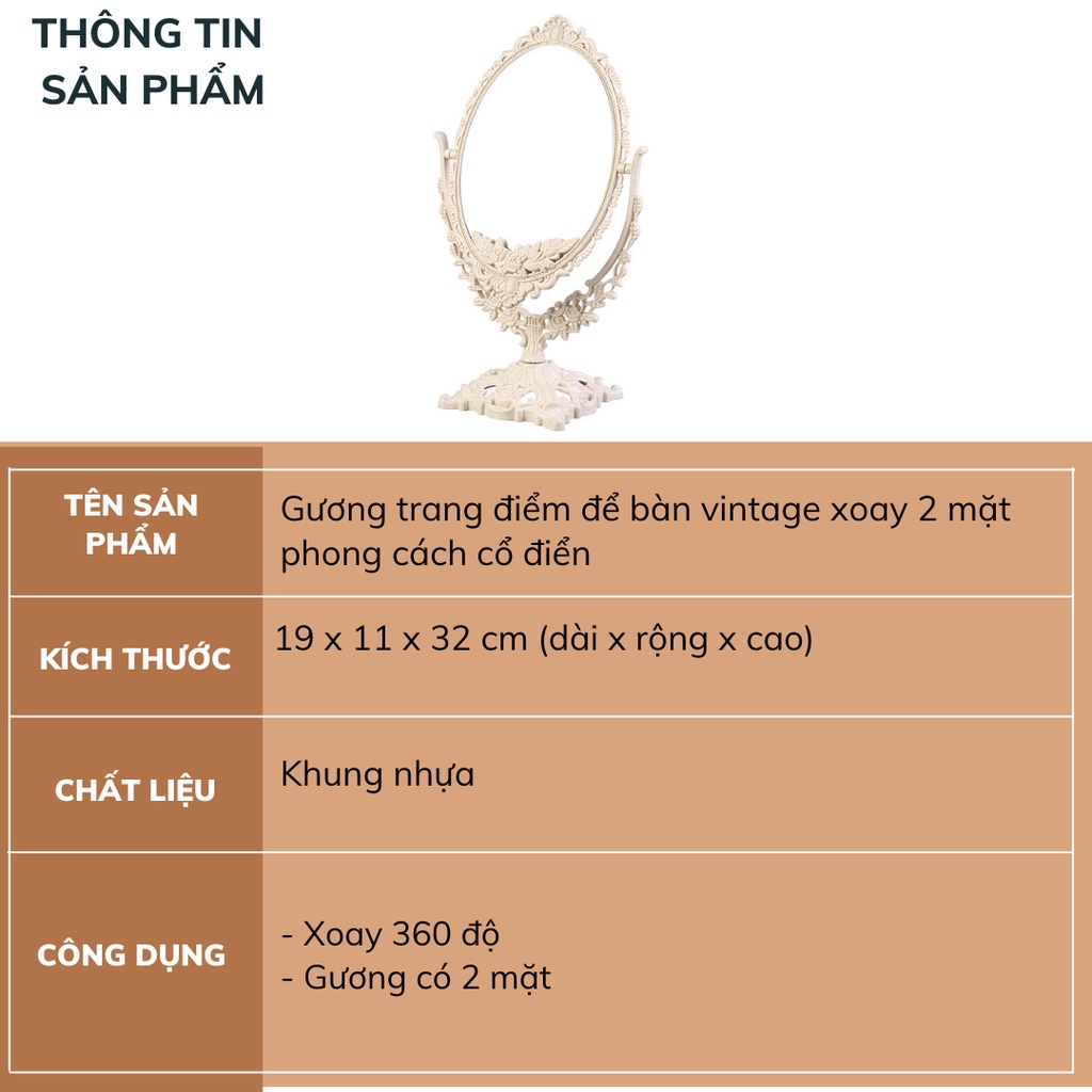 Gương trang điểm để bàn vintage xoay 2 mặt phong cách cổ điển