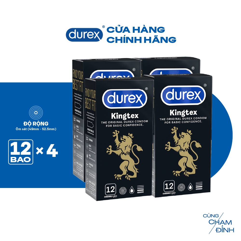 Bộ 4 hộp bao cao su Durex Kingtex bôi trơn, ôm sát size 49mm, 12 bao/hộp