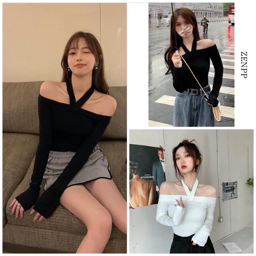 Áo croptop dolphin tay dài trễ vai phối dây đeo cổ thời trang dễ thương