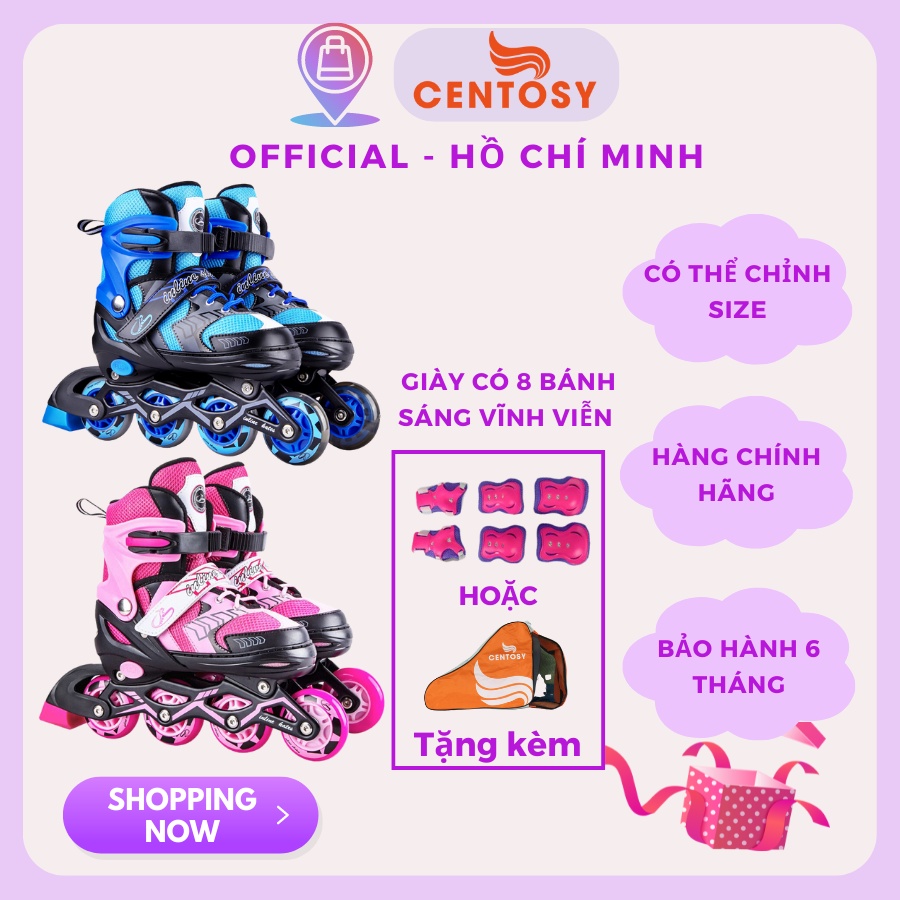 Giày trượt patin trẻ em Centosy A9 có bánh đèn sáng, tặng kèm phụ kiện bảo hộ tay chân, có thể điều chỉnh tăng size
