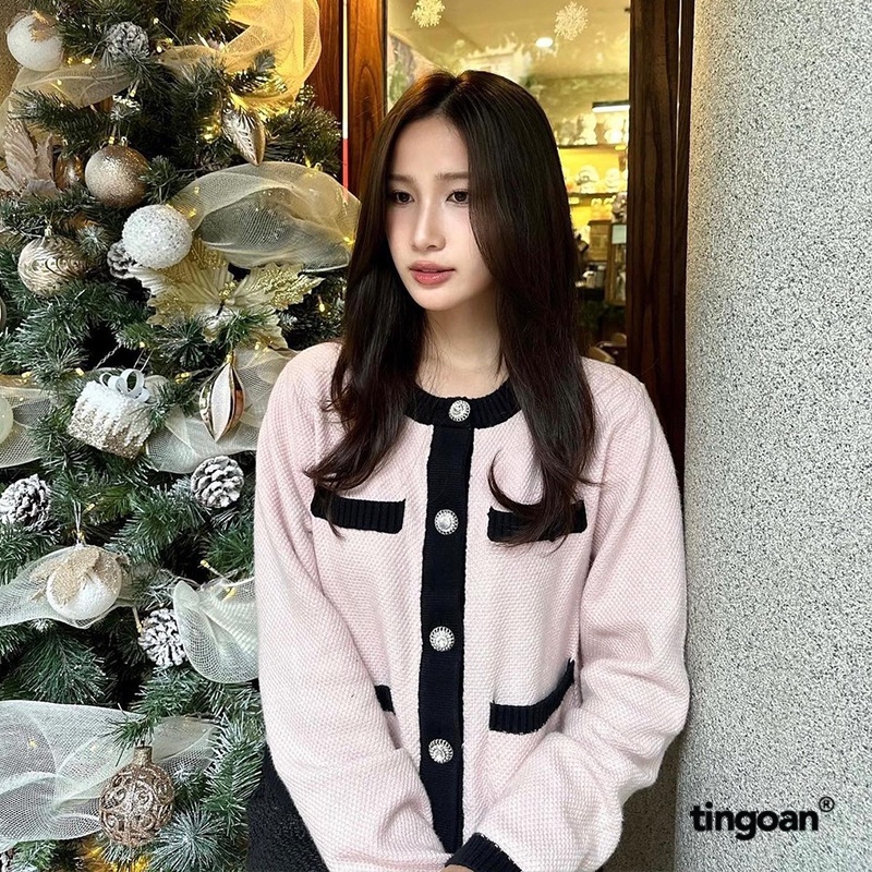 TINGOAN® - Áo len xù cardigan cổ tròn 4 túi hồng nhạt viền đen JENNIFER CARDIGAN/NP