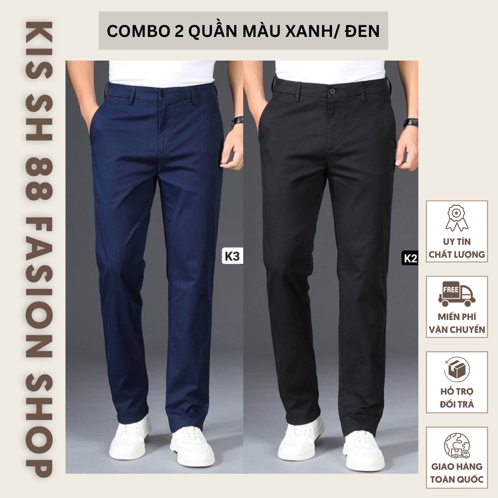 Combo 2 Quần KAKI Nam Cao Cấp Màu Xanh/ Đen Ống Rộng Dáng Ôm Nhẹ Chất Vải Cotton Hàn Quốc Co Giãn 4 Chiều