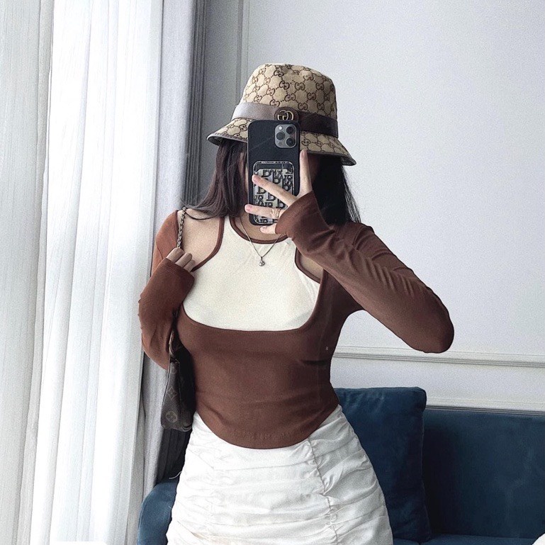 Áo kiểu nữ dài tay vạt bầu phối yếm siêu xinh- Ringu shop