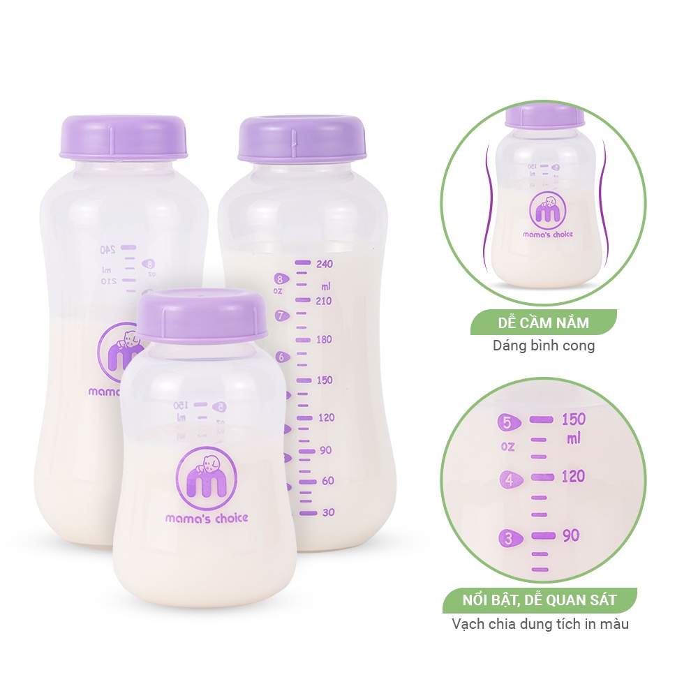 Bình trữ sữa 150ml, 240ml chính hãng Mama's Choice, Bình đựng sữa tương thích với máy hút sữa Medela, Unimom, Real Bubee
