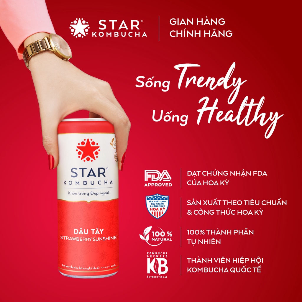 Thùng 12 lon trà STAR KOMBUCHA Dâu Tây / Strawberry Sunshine (250ml/lon) - Trà Kombucha lên men vi sinh chứa probiotics