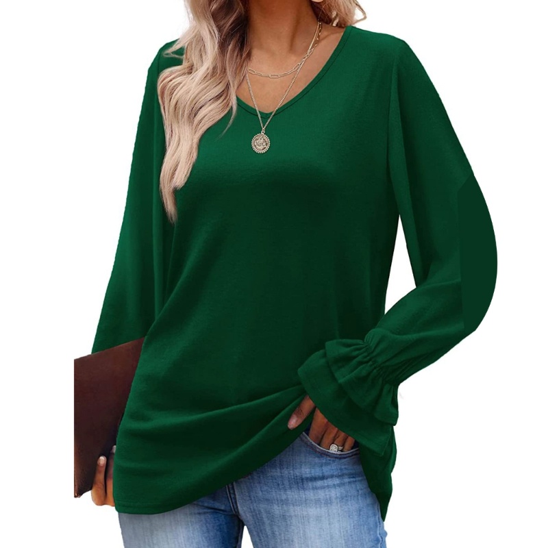 Áo Kiểu Tay Loe Dài Cổ Chữ V Màu Sắc Đơn Giản Cho Nữ