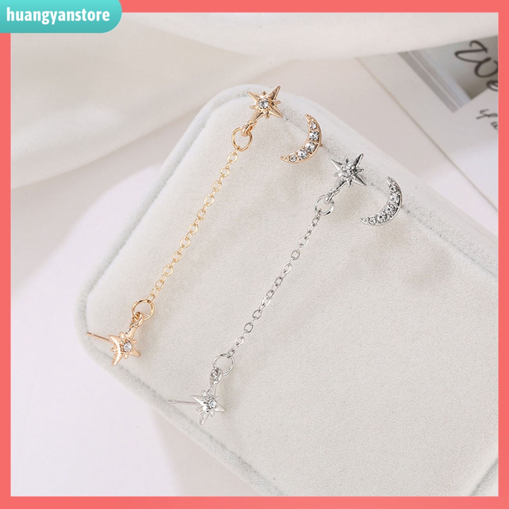 HY/ Bộ 2 Khuyên Tai 3 Lỗ Hình Mặt Trăng Và Ngôi Sao Đính Đá