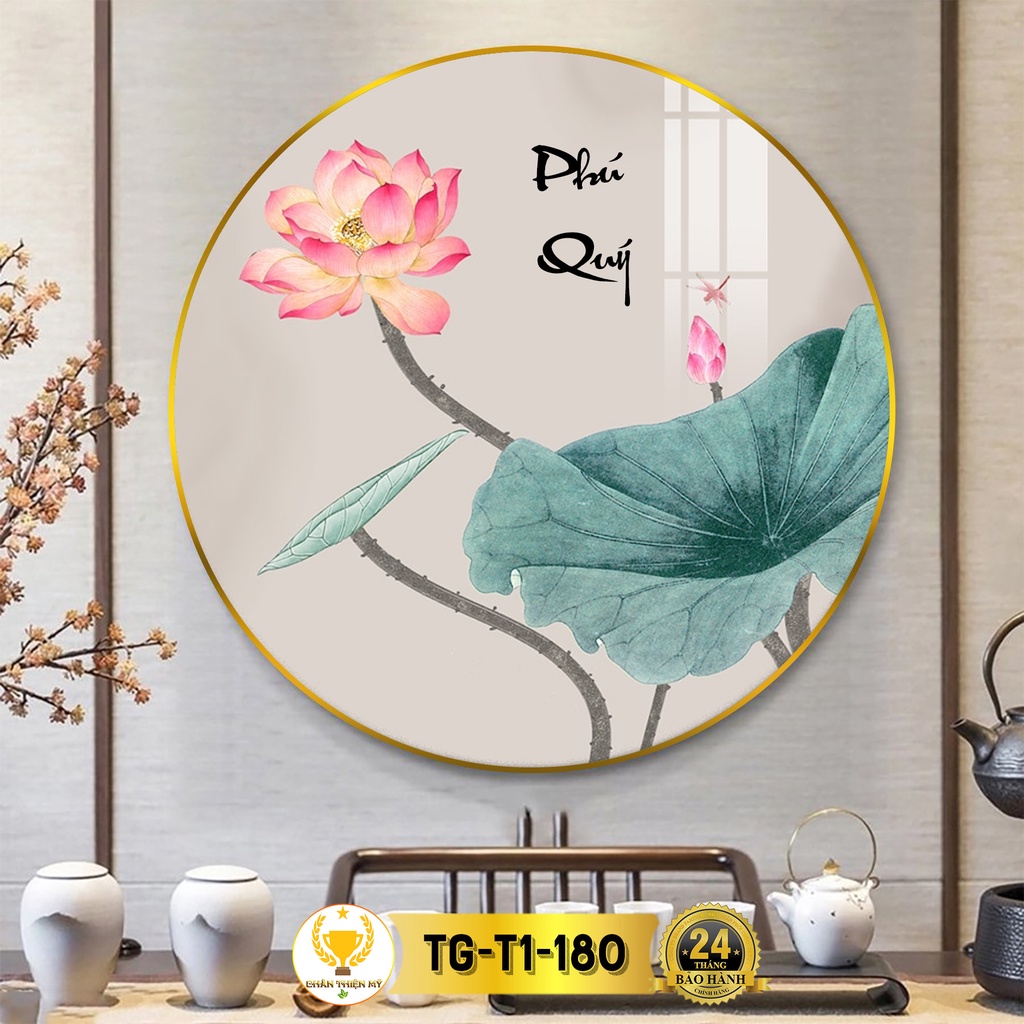 Tranh Tráng Gương Pha Lê Tròn CHÂN THIỆN MỸ, Decor Treo Tường Trang Trí Phòng Hoa Sen TG-T1-180