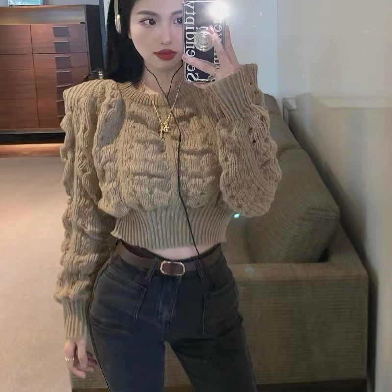 Áo kiểu SUXI dệt kim cổ tròn tay dài khoét lỗ màu sắc đơn giản thời trang cho nữ