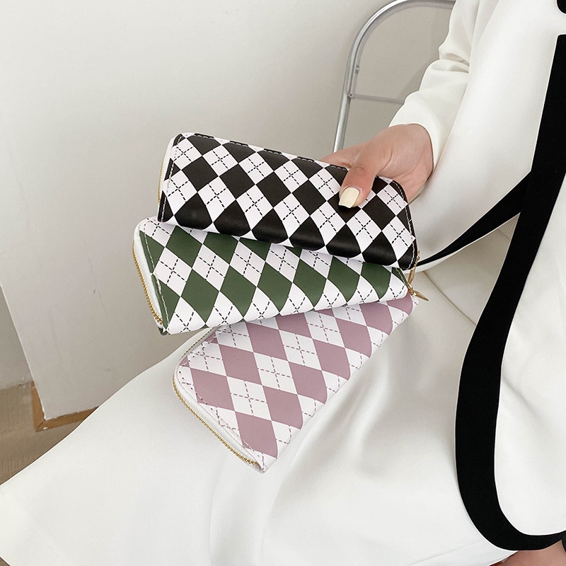 Ví Dài Cỡ Lớn Có Khóa Kéo In Họa Tiết Kim Cương Thời Trang Cho Nữ