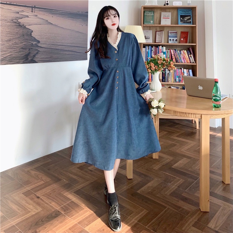 Đầm retro ZHELIHANGFEI cổ chữ V dài tay cổ điển xinh xắn ngọt ngào cho nữ