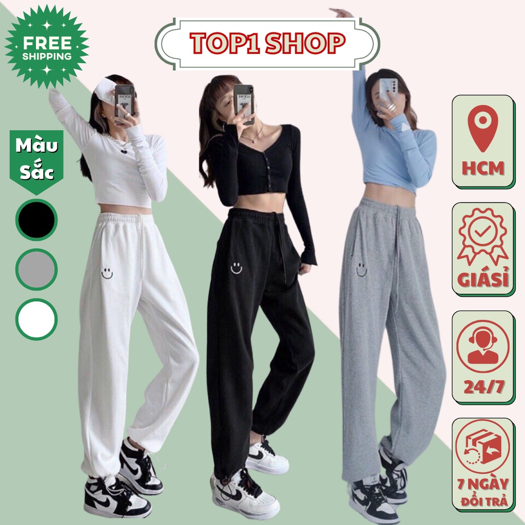 QUẦN JOGGER ỐNG BOM RỘNG THỂ THAO THÊU MẶT CƯỜI PHONG CÁCH NĂNG ĐỘNG TRẺ TRUNG-TOP1SHOP